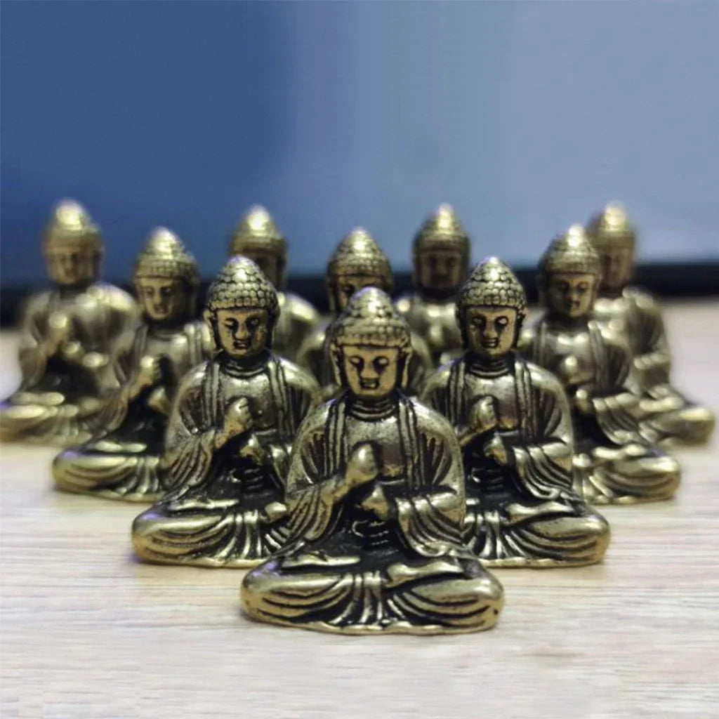 Skanto | 10 Piece Mini Brass Sitting Buddha Statue Figurine for Travel Buddhism Worship Home Office Desk Decoration