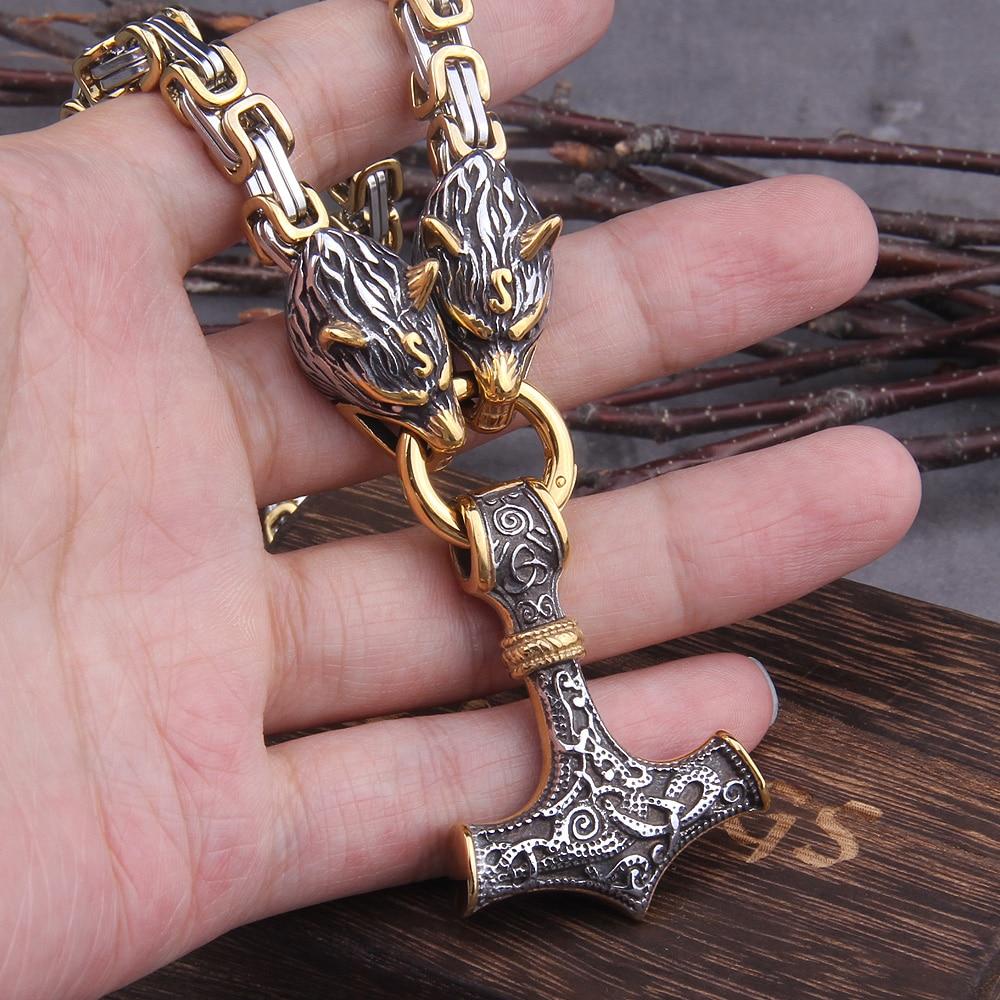 Skanto | 60–90 cm Stainless Steel Double Wolf Head & Mjolnir Survival Segment Necklace/Bracelet