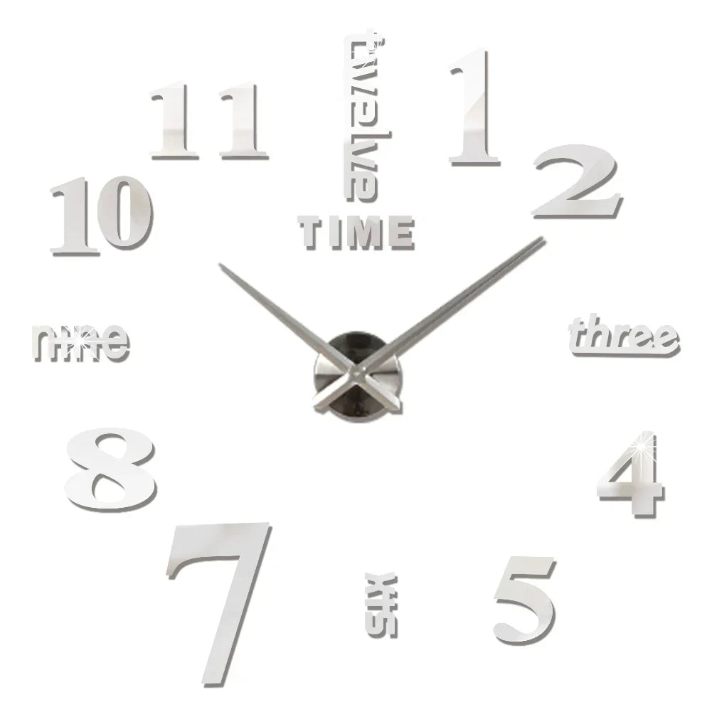 Big Wall Clock DIY 3D Self Adhesive Mirrored Acrylic Wall Clock For Kitchen Dining Room Living Room Creative Home Decor | Bowlift