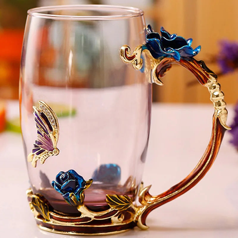 BowLift | Handcrafted Enamel Coffee Mugs Rose-Glass Tea Cup with Steel Spoon Luxury Unique Gifts for Wedding Valentine's Day Birthday Gifts