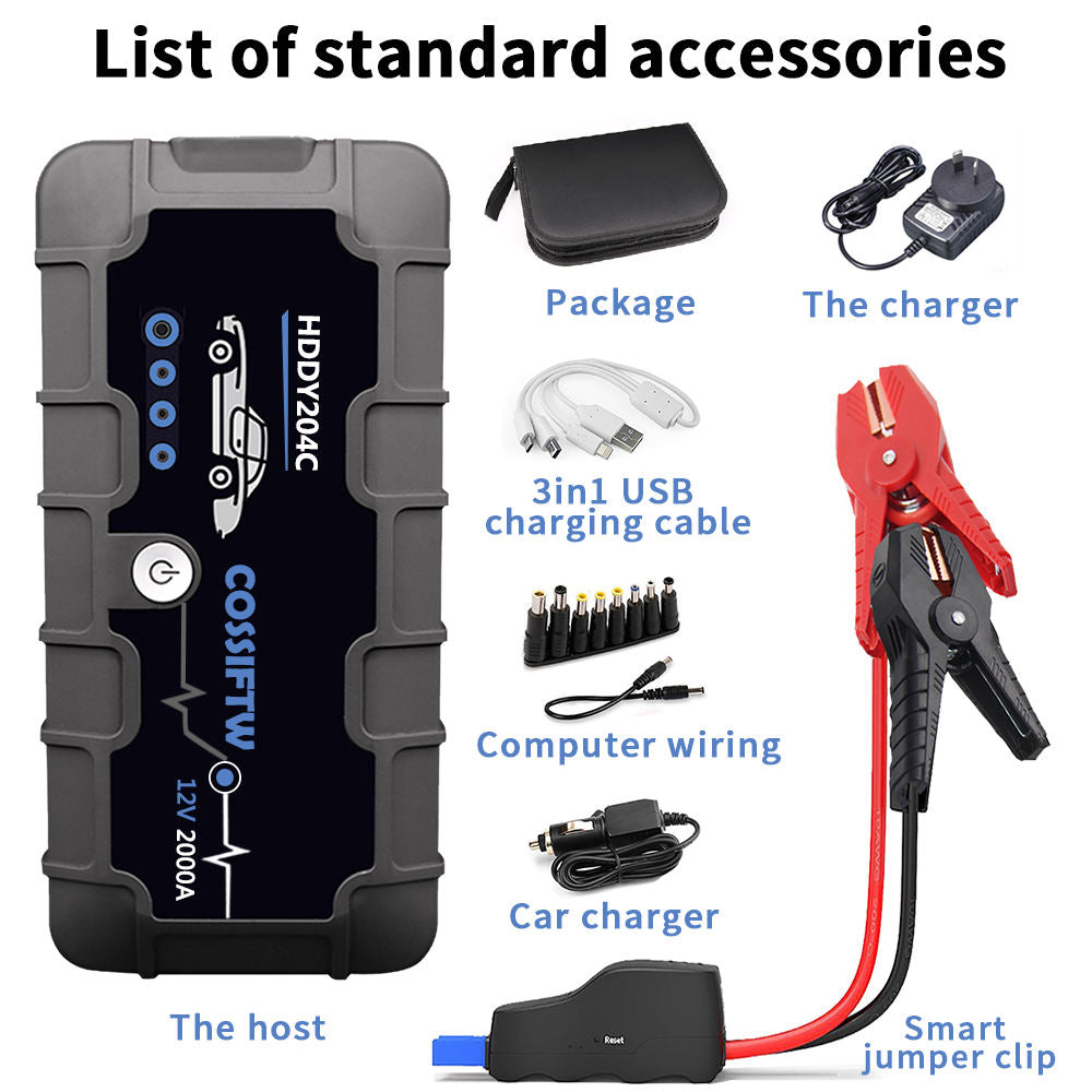 Skanto | 2000A UltraSafe 12V Jump Starter – Portable Battery Booster with USB Charger and LED Flashlight – Up to 6.0L Gas / 3.0L Diesel Engines