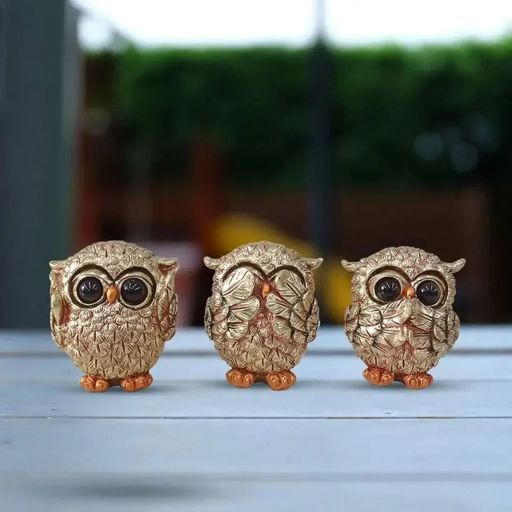 Skanto | OWLUXE – Decorative Sculpture in Antique Gold, Handmade Owl Figurine "See No Evil, Hear No Evil, Speak No Evil"