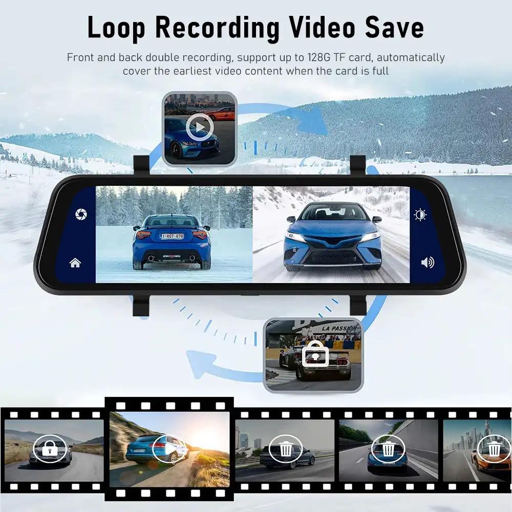 Mirror Dash Cam with 9.66-Inch Touchscreen, Dual 1280×720P Cameras and GPS