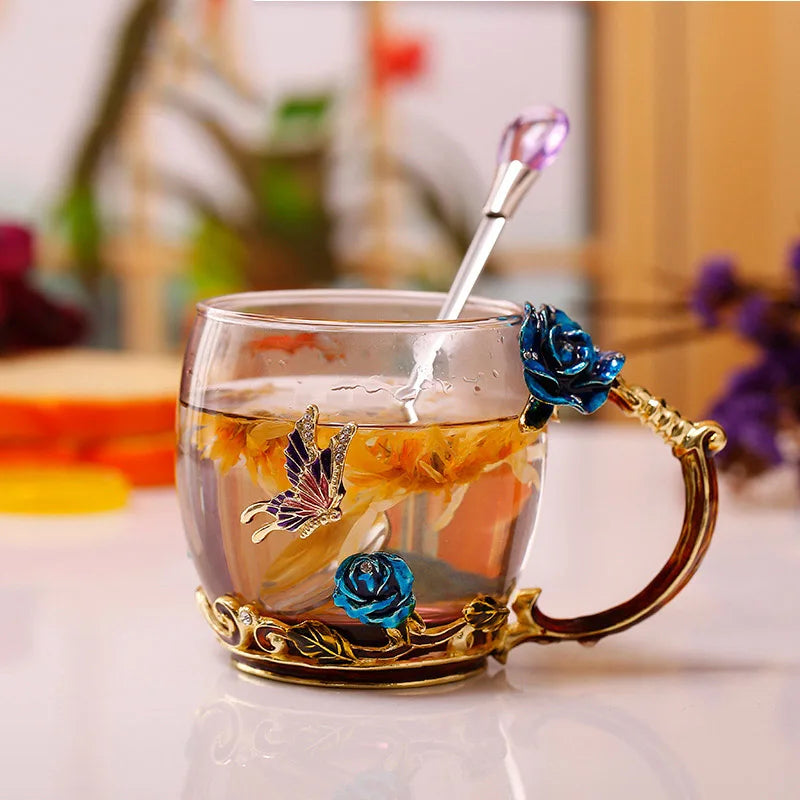 BowLift | Handcrafted Enamel Coffee Mugs Rose-Glass Tea Cup with Steel Spoon Luxury Unique Gifts for Wedding Valentine's Day Birthday Gifts