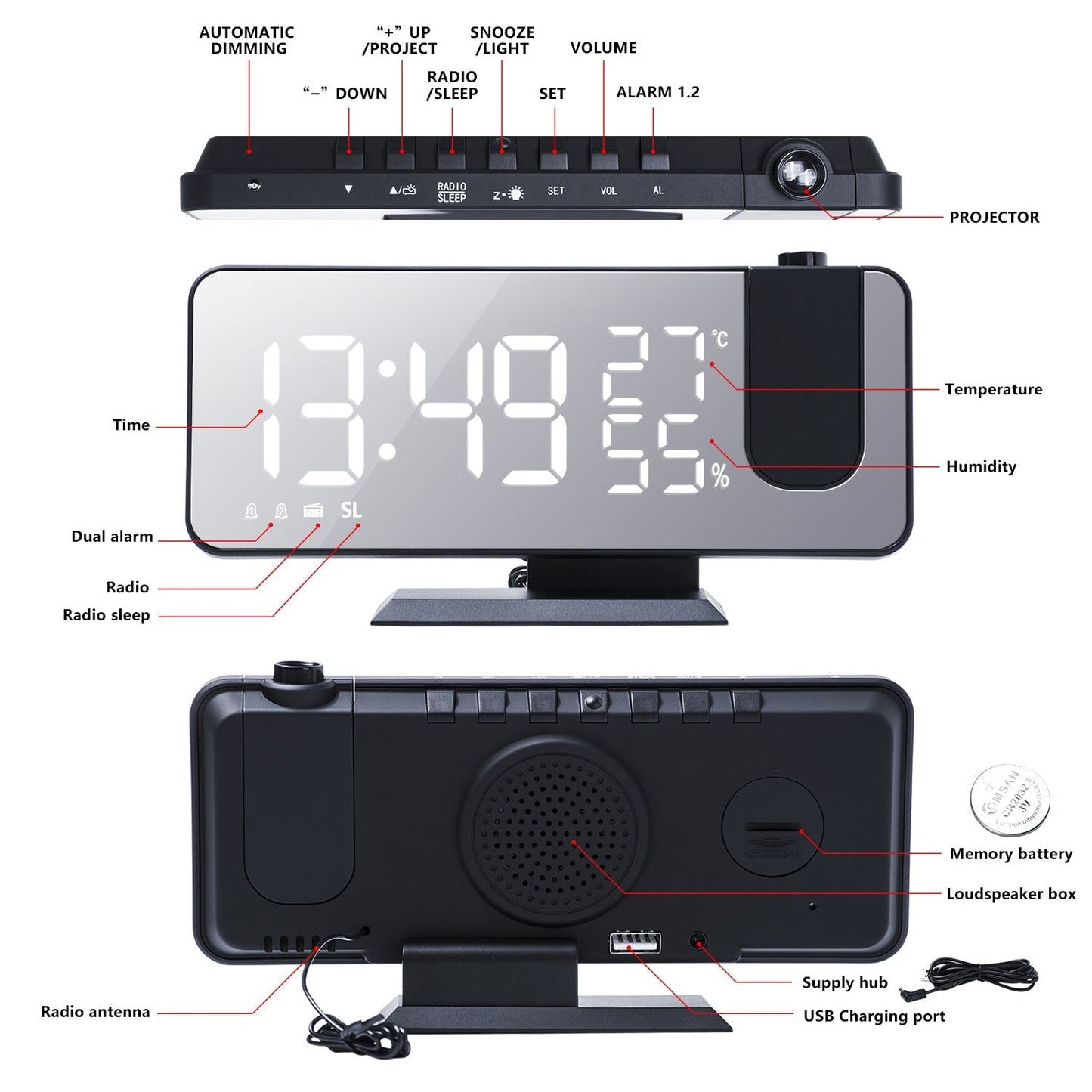 BowLift | Eindhoven Astronatic | The Best Alarm Clock with LED Screen - 180° Projector - USB Charger