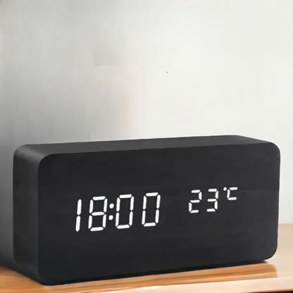 BowLift | WakeyCue | Modern Wooden LED Digital Alarm Clock with Temperature & Humidity Display