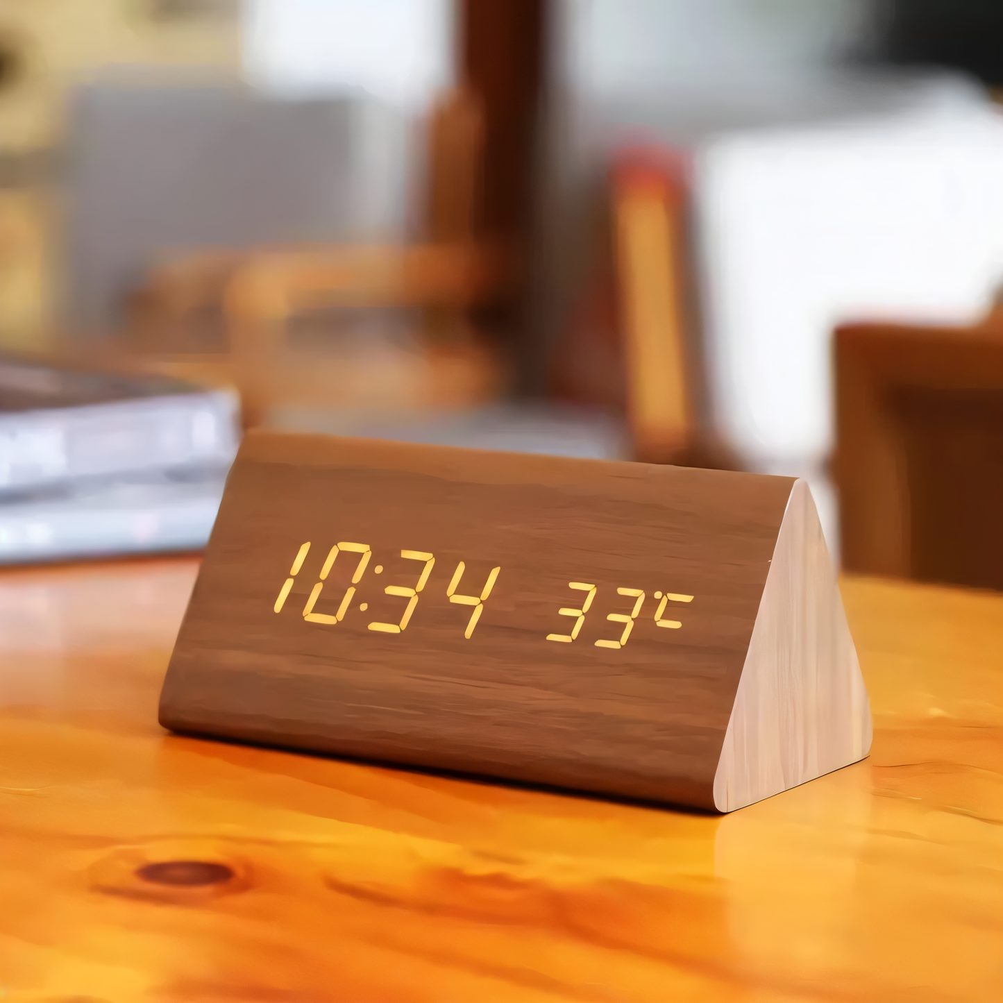 BowLift | WakeyCue | Modern Wooden LED Digital Alarm Clock with Temperature & Humidity Display