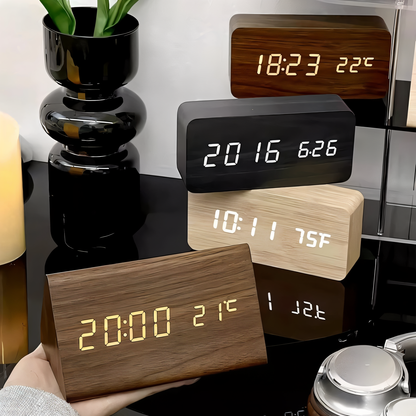 BowLift | WakeyCue | Modern Wooden LED Digital Alarm Clock with Temperature & Humidity Display