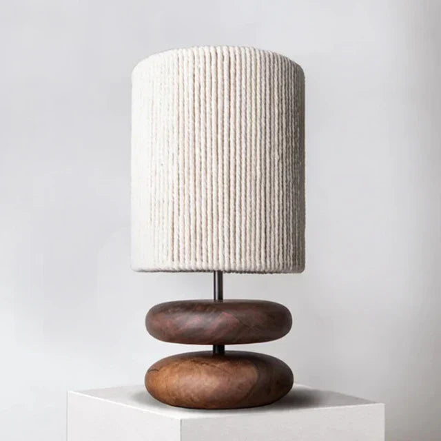 Rustic table lamp made of walnut wood with linen shade – Natural lighting for living room | Bowlift