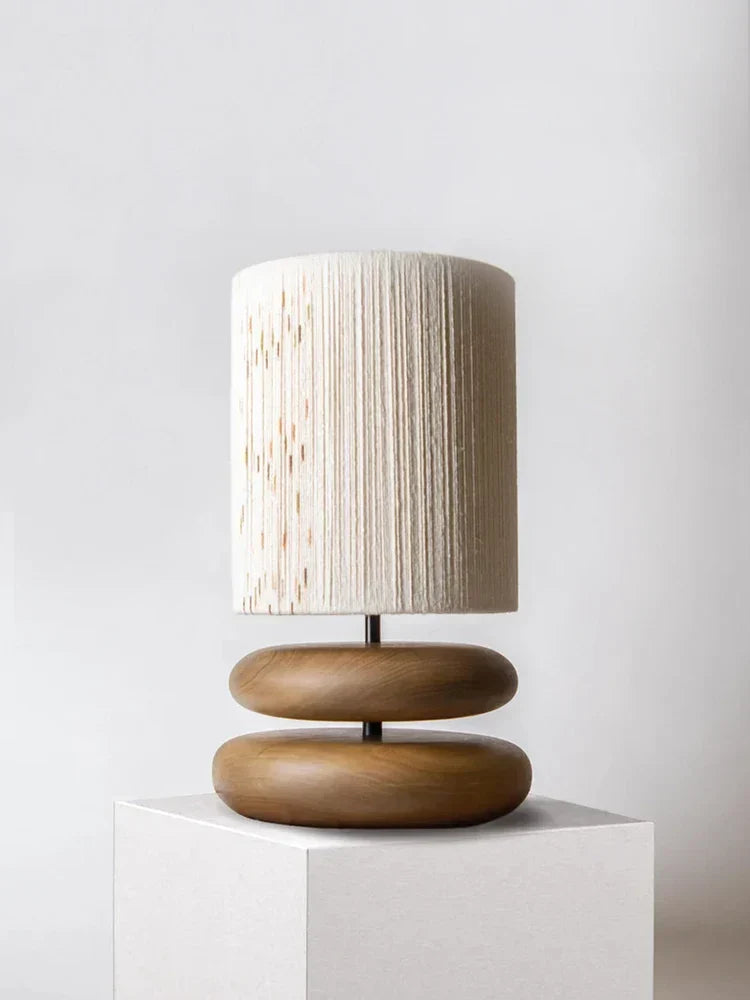Rustic table lamp made of walnut wood with linen shade – Natural lighting for living room | Bowlift