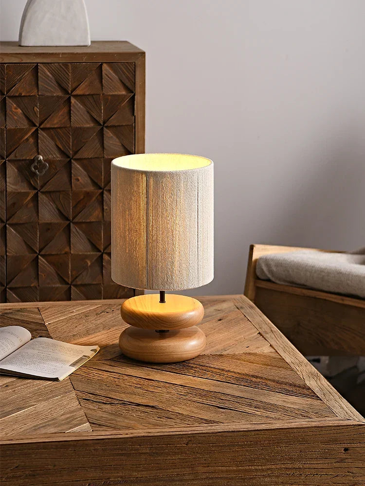 Rustic table lamp made of walnut wood with linen shade – Natural lighting for living room | Bowlift
