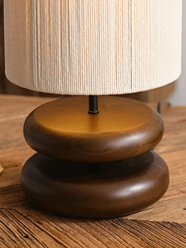 Rustic table lamp made of walnut wood with linen shade – Natural lighting for living room | Bowlift