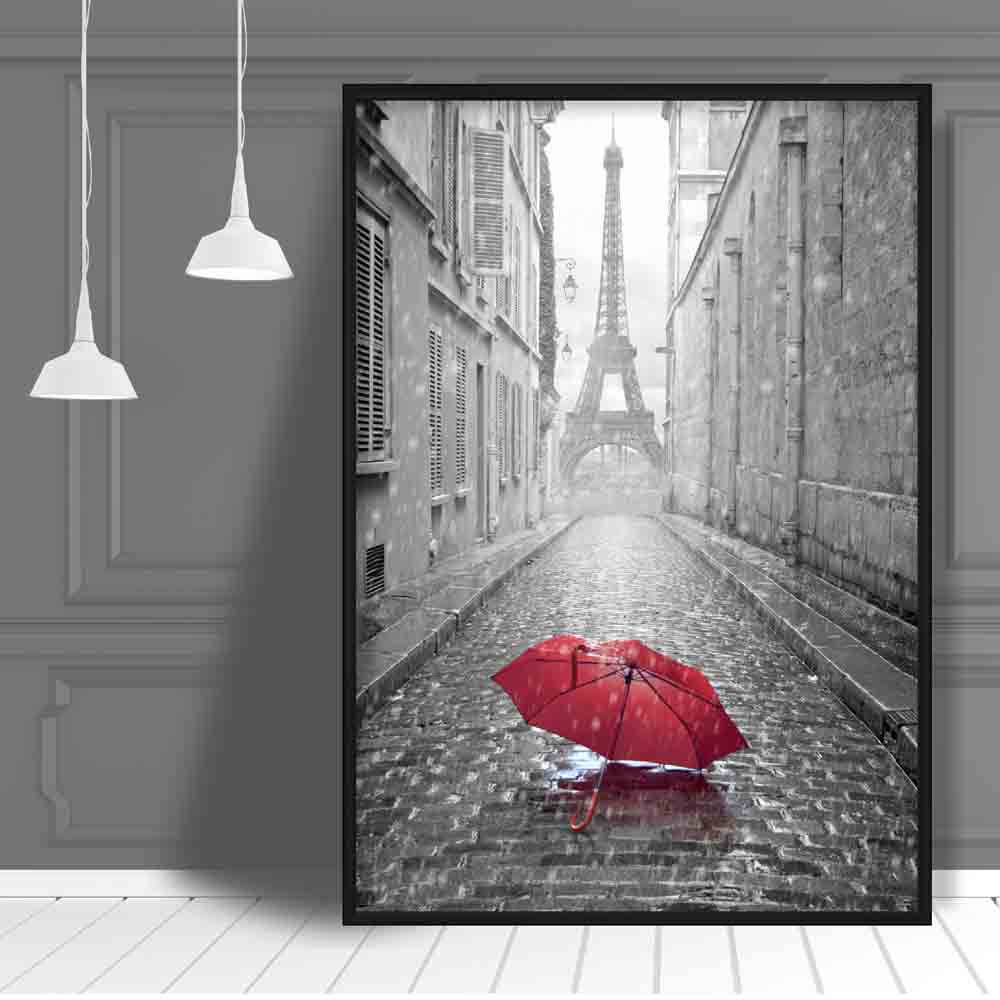 Black and white photo print: Paris Eiffel Tower with red umbrella
