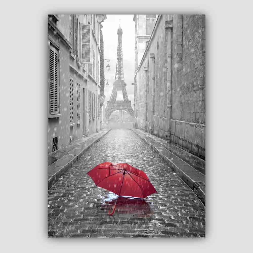 Black and white photo print: Paris Eiffel Tower with red umbrella