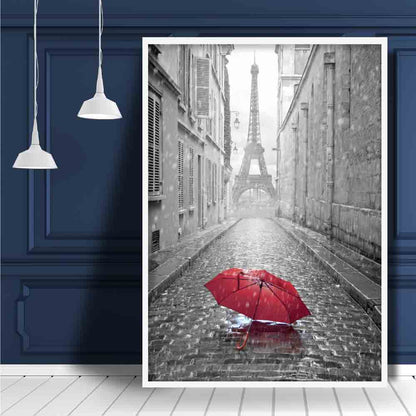 Black and white photo print: Paris Eiffel Tower with red umbrella
