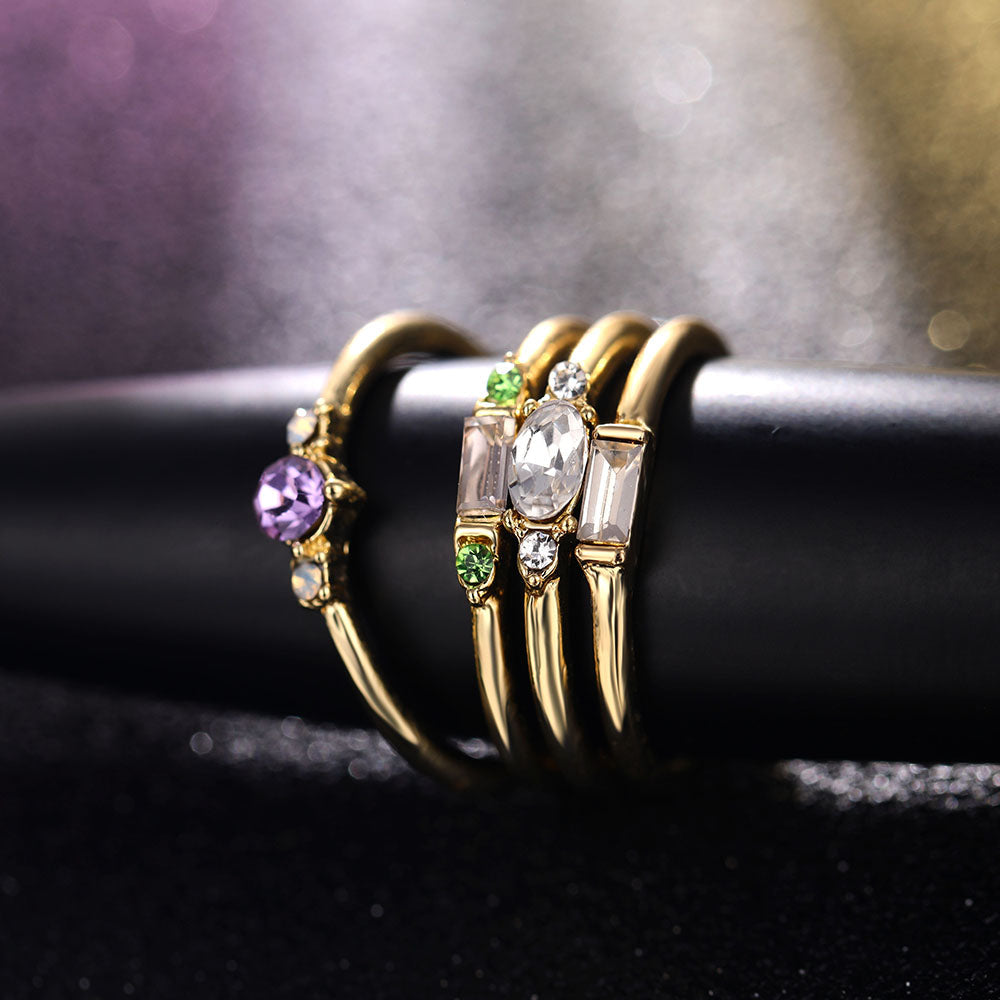 Skanto | Geometric Gold-Tone Combination Round Zircon Crystal Ring Set