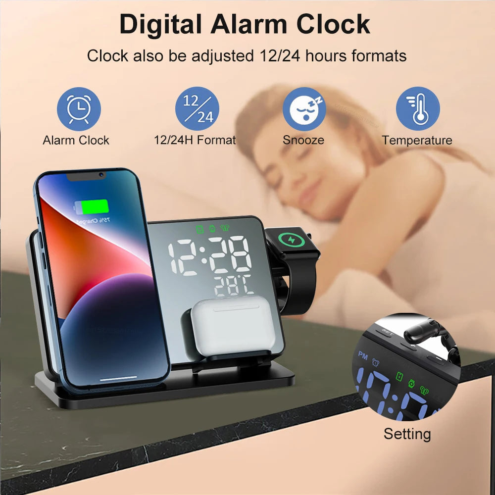 3-in-1 Fast Charger | Premium Wireless Fast Charging Docking Station with Alarm Clock | for Apple iPhone, Watch & AirPods