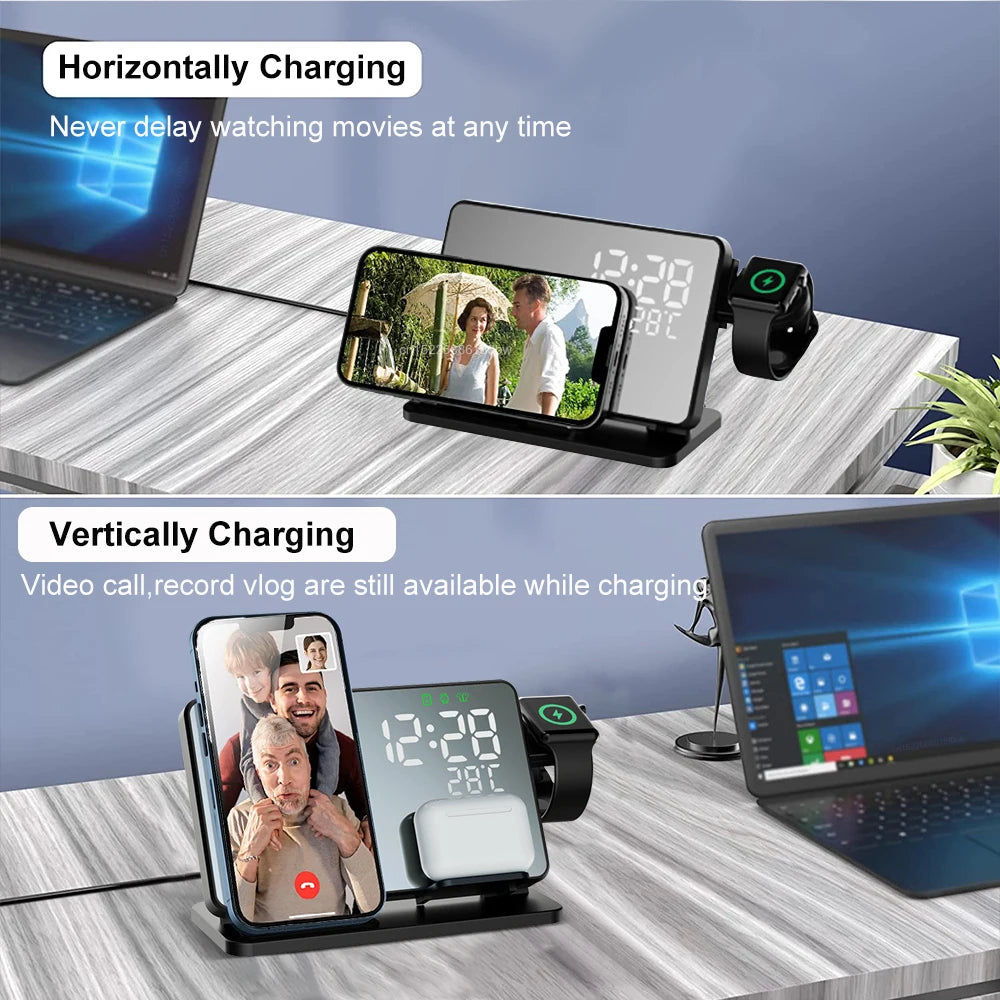 3-in-1 Fast Charger | Premium Wireless Fast Charging Docking Station with Alarm Clock | for Apple iPhone, Watch & AirPods