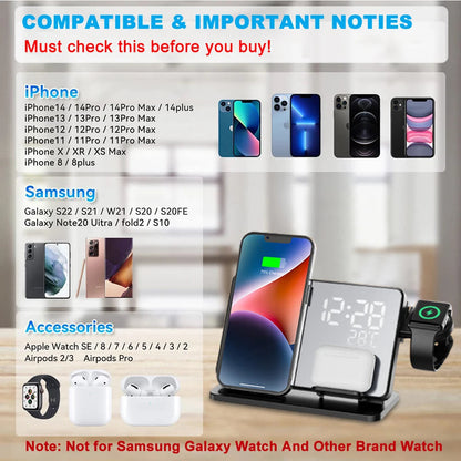 Skanto | 3-in-1 Fast Charging Station | Premium Wireless Charging Dock with Alarm Clock | for Apple iPhone, Watch & AirPods