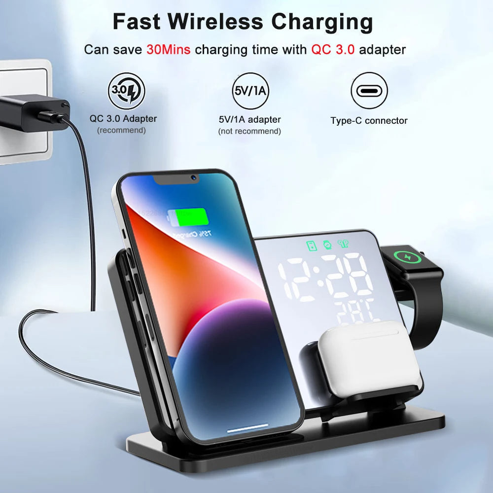 Skanto | 3-in-1 Fast Charging Station | Premium Wireless Charging Dock with Alarm Clock | for Apple iPhone, Watch & AirPods