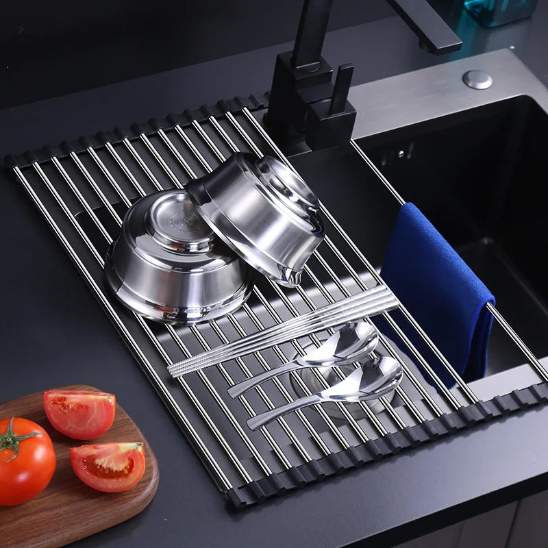 BowLift | Stainless Steel Foldable Dish Drying Rack – Space-Saving Kitchen Sink Rack Drainer with Filter Roll