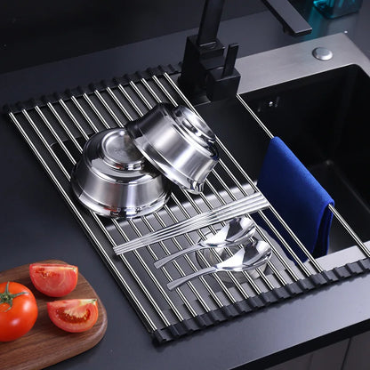 BowLift | Stainless Steel Foldable Dish Drying Rack – Space-Saving Kitchen Sink Rack Drainer with Filter Roll