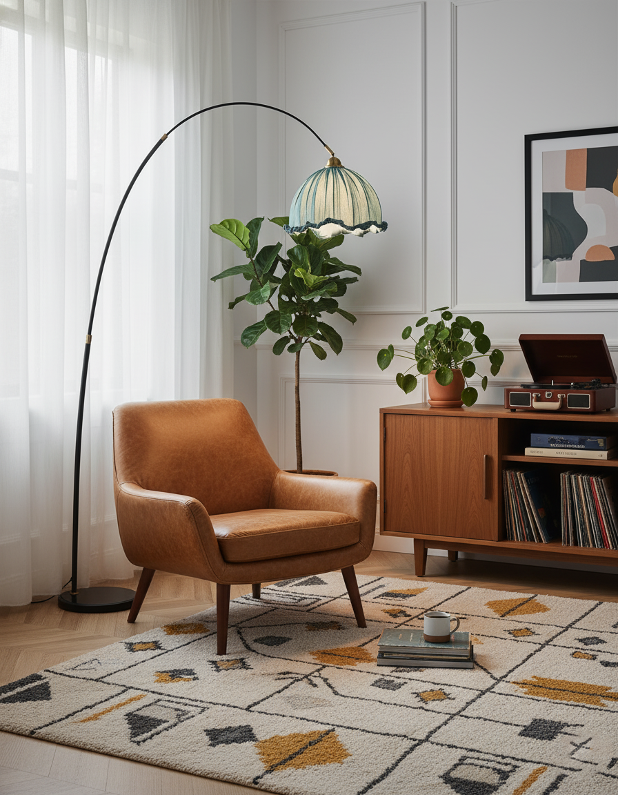Kimala Arc Floor Lamp, Black Metal Base