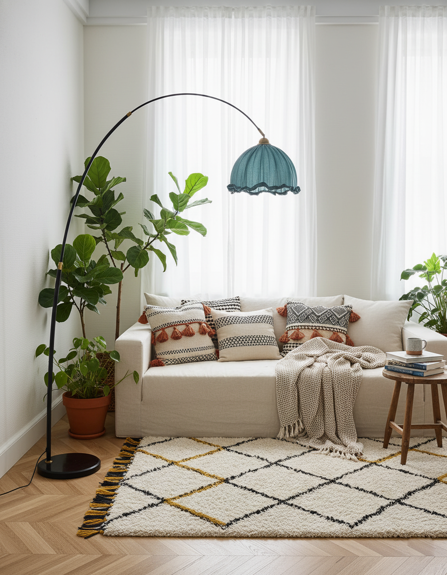 Kimala Arc Floor Lamp, Black Metal Base