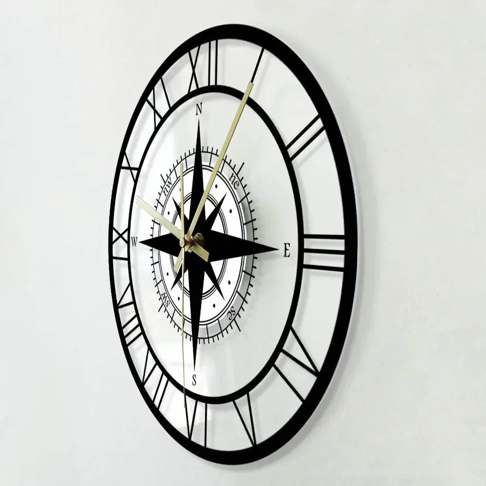 Skanto | Decorative Silent Wall Clock with Acrylic Compass – Modern Maritime Design