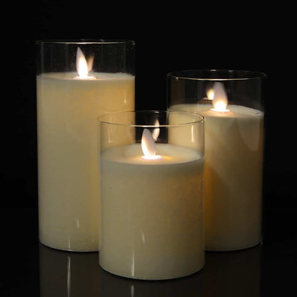 LED candle in glass with moving flame and remote control -White- 3 pieces. | Karnz