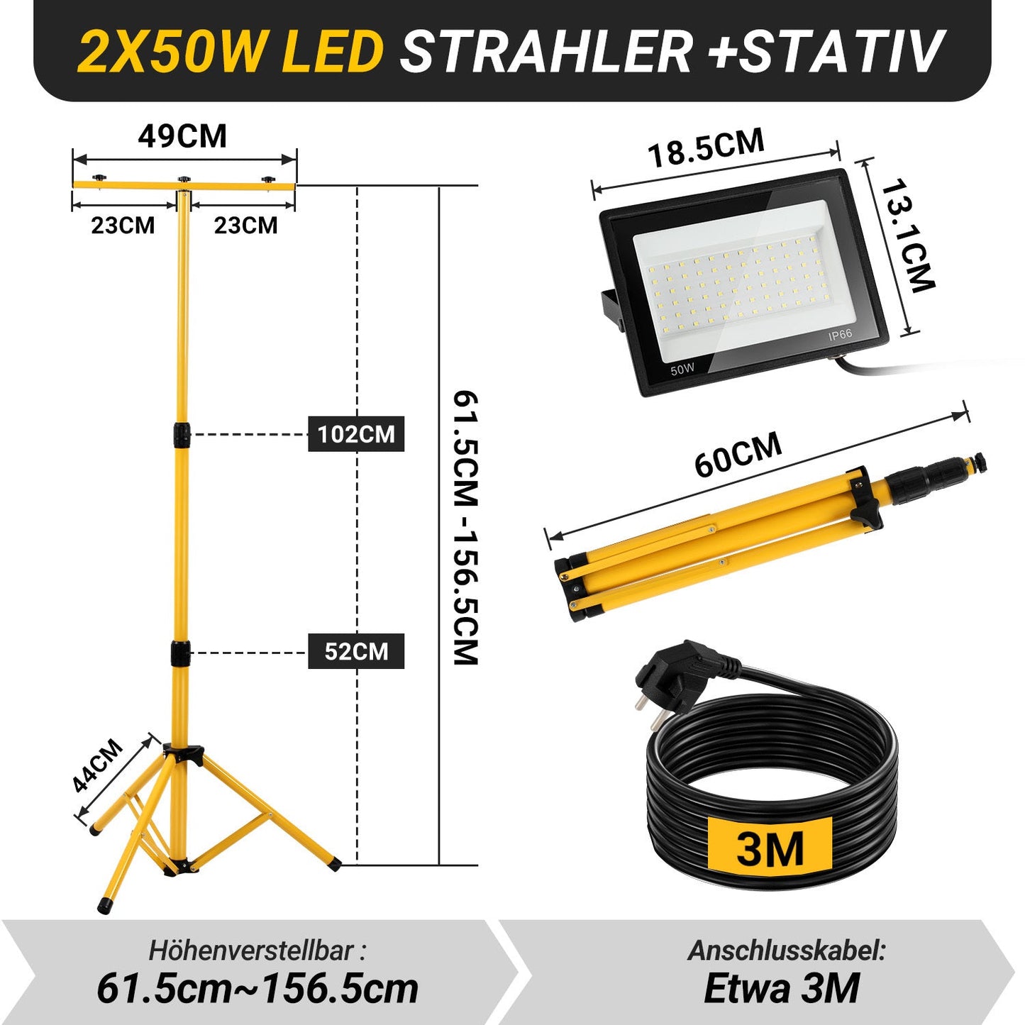 LED Construction Spotlight 2 x 50W/100W/200W with Adjustable Tripod | Karnz