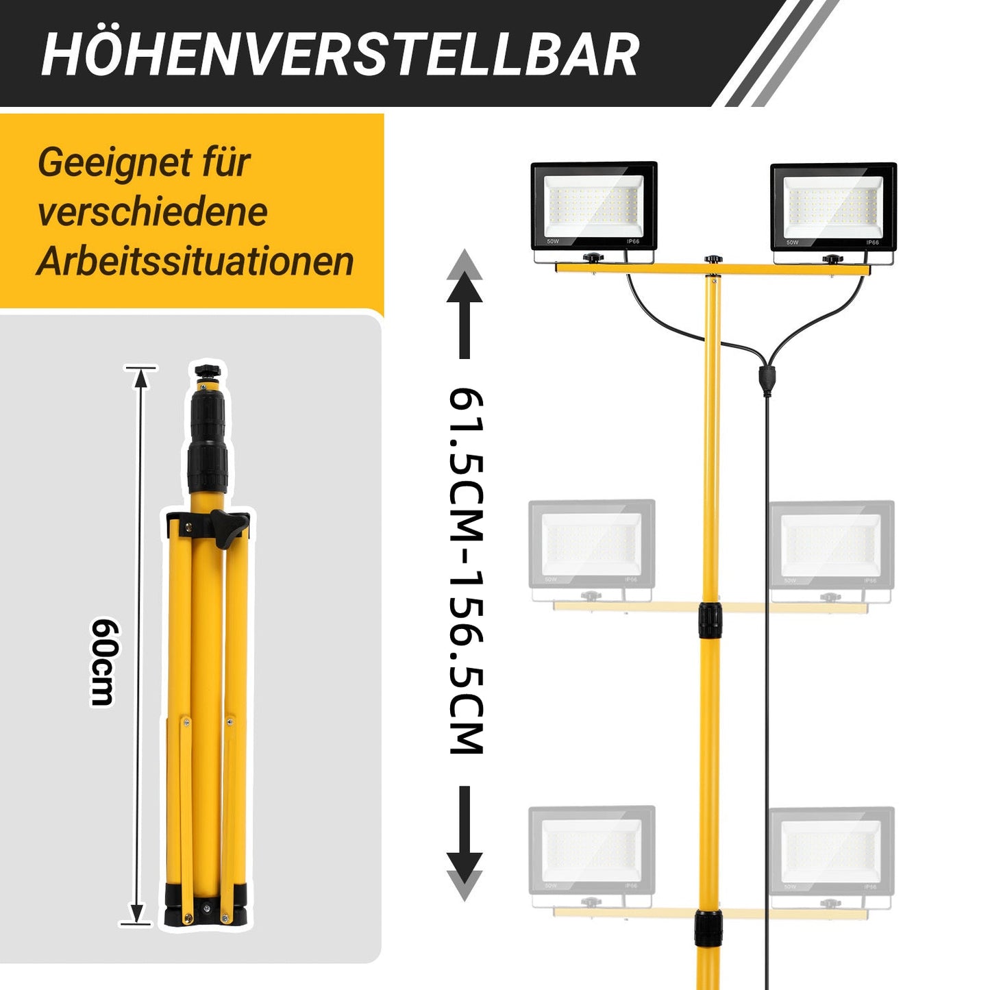 LED Construction Spotlight 2 x 50W/100W/200W with Adjustable Tripod | Karnz