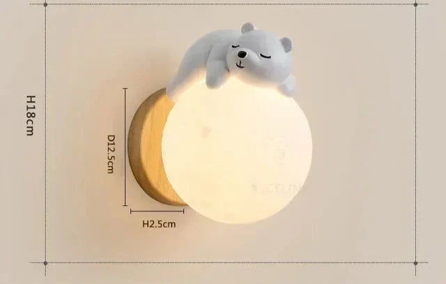 Moon Lamp for Kids' Room - Wooden Wall Lamp with Bear Figure