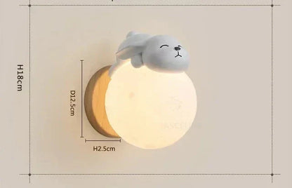 Moon Lamp for Kids' Room - Wooden Wall Lamp with Bear Figure