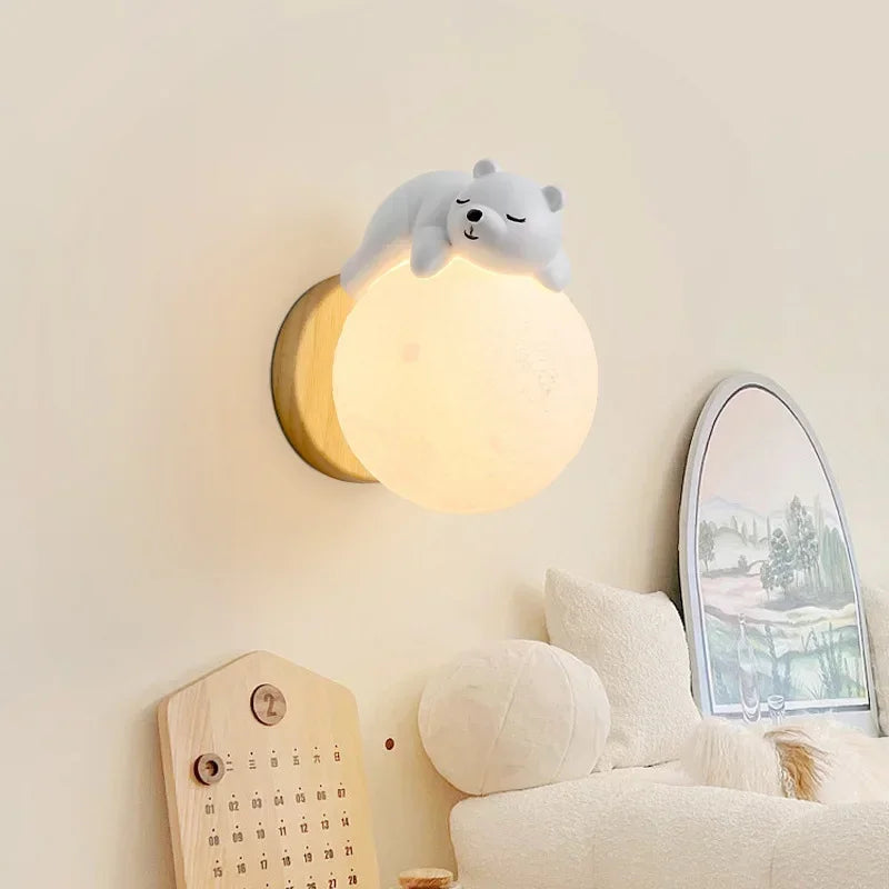 Moon Lamp for Kids' Room - Wooden Wall Lamp with Bear Figure