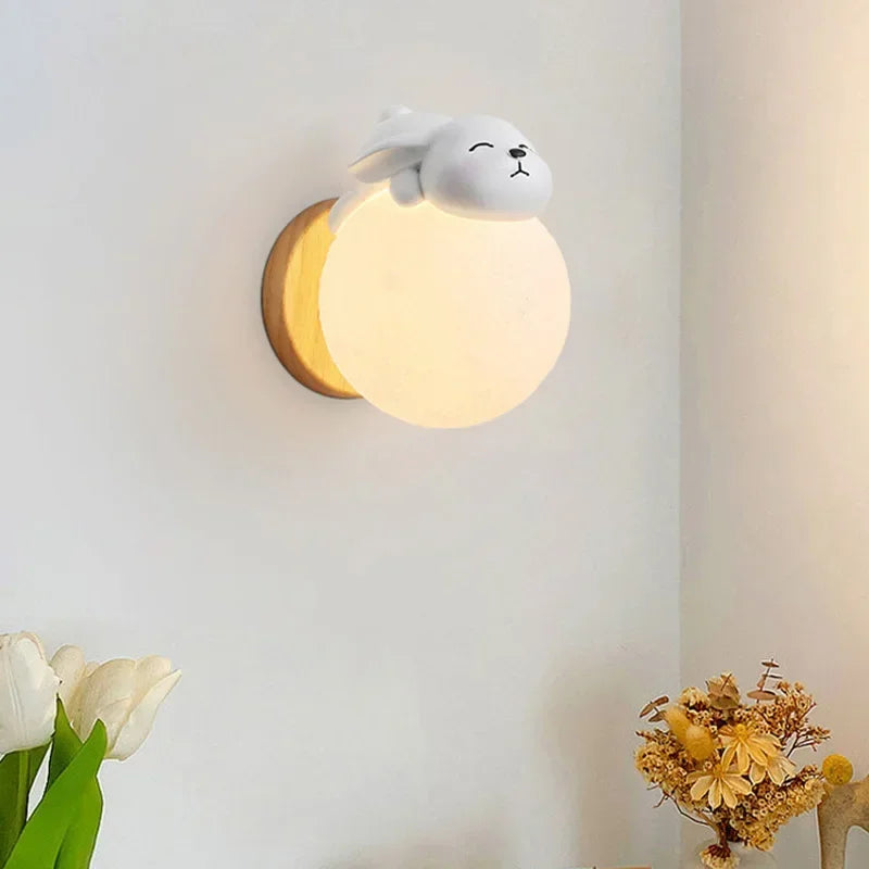 Moon Lamp for Kids' Room - Wooden Wall Lamp with Bear Figure