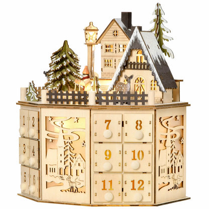 Skanto | LumiFest Wooden Advent Calendar – 24 Compartments with Warm LED Light & Christmas Atmosphere
