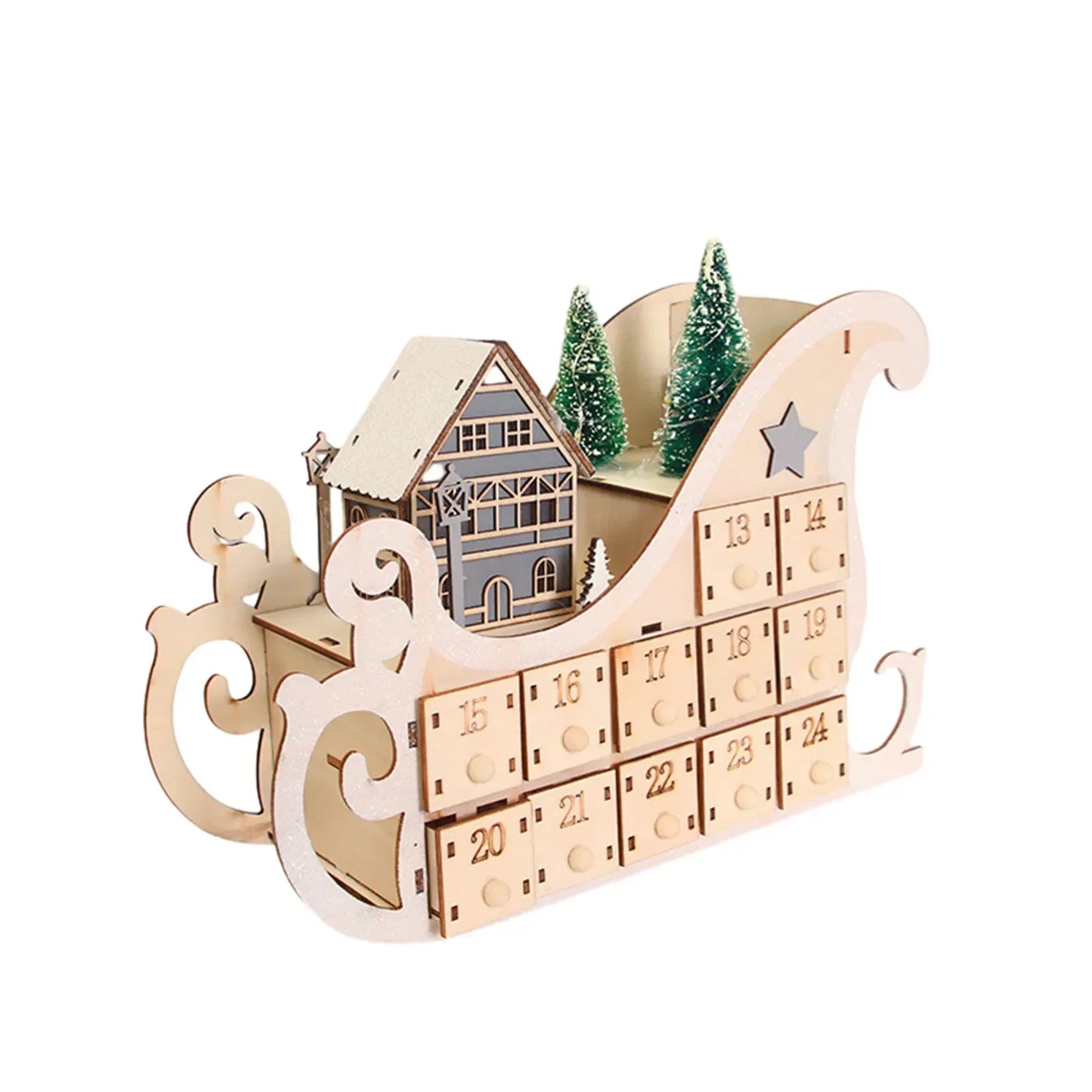 Skanto | LumiFest Wooden Advent Calendar – 24 Compartments with Warm LED Light & Christmas Atmosphere