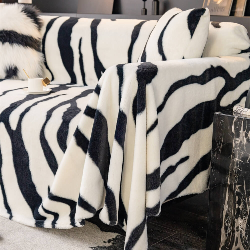 Skanto | Zebra-print fluffy plush sofa protector stylish couch cover