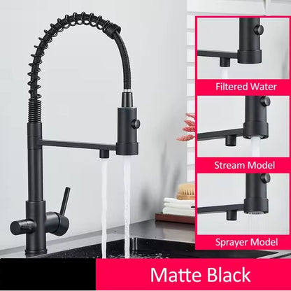Sandsberg Black Filter Kitchen Faucet with Double Outlet – Mixer Tap with Water Filter for Kitchen, Water Treatment and Cleaning | Skanto