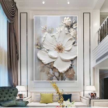 Modern Abstract White Floral Wall Art Fine Art Canvas Prints Bright Luxury Botanical Pictures For Living Room Entrance Hallway Wall | Karnz