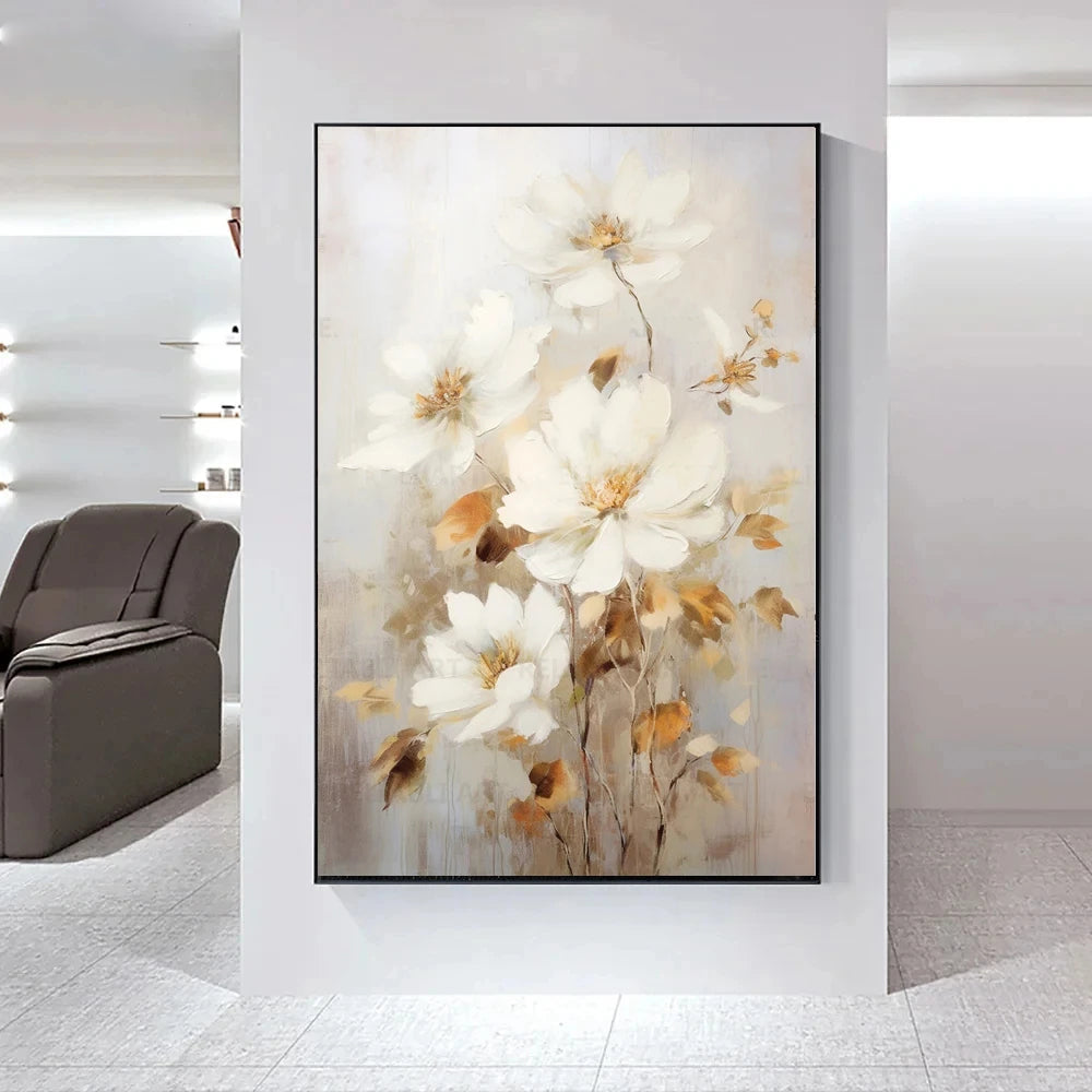 Modern Abstract White Floral Wall Art Fine Art Canvas Prints Bright Luxury Botanical Pictures For Living Room Entrance Hallway Wall | Karnz