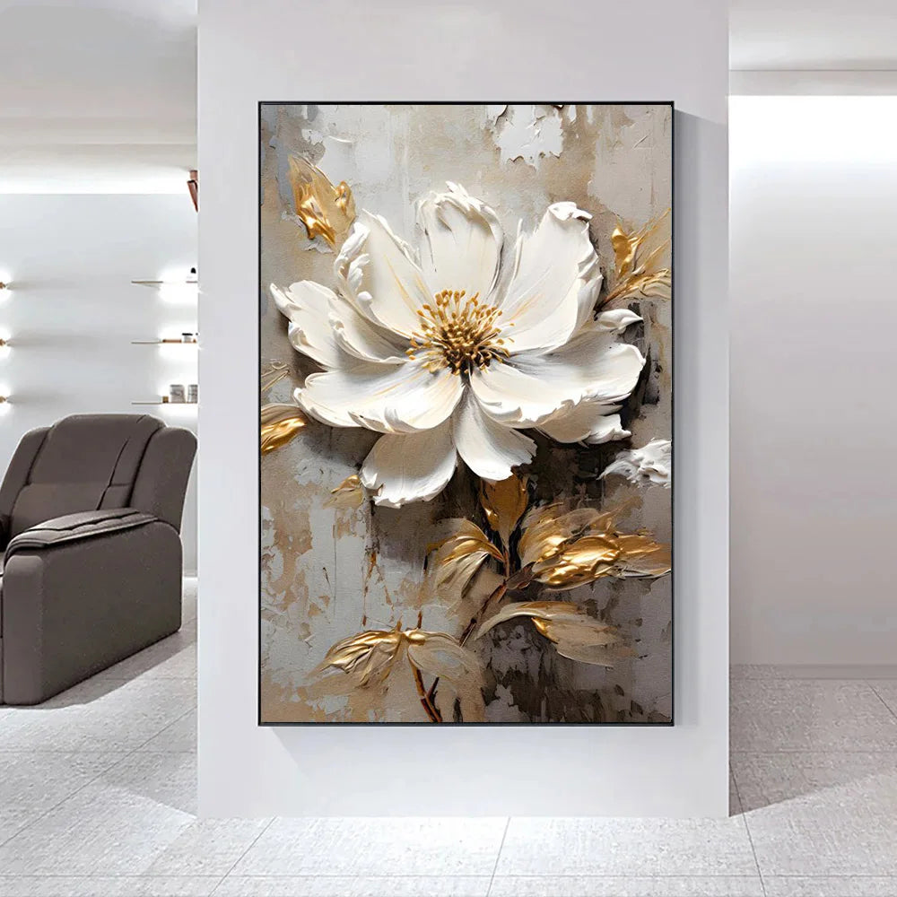 Modern Abstract White Floral Wall Art Fine Art Canvas Prints Bright Luxury Botanical Pictures For Living Room Entrance Hallway Wall | Karnz