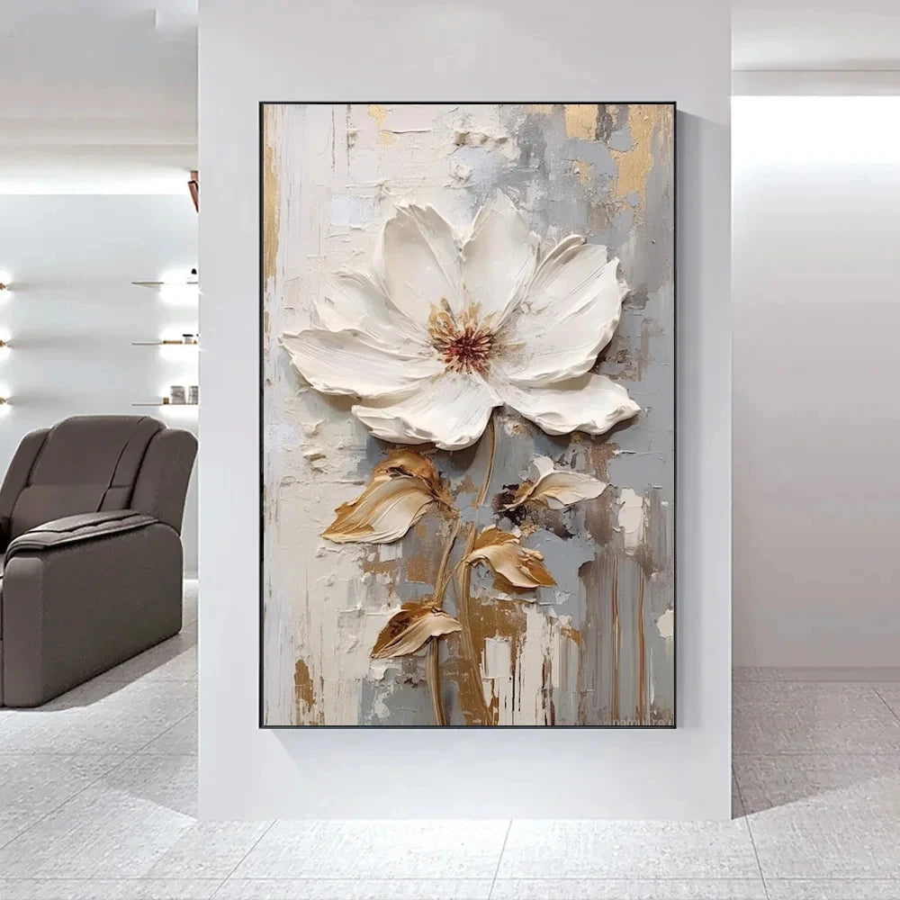 Modern Abstract White Floral Wall Art Fine Art Canvas Prints Bright Luxury Botanical Pictures For Living Room Entrance Hallway Wall | Karnz