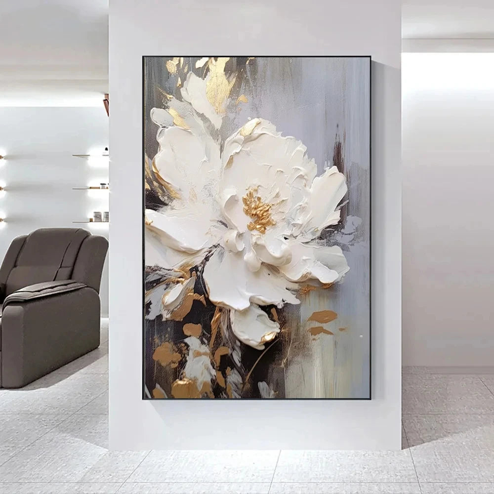 Modern Abstract White Floral Wall Art Fine Art Canvas Prints Bright Luxury Botanical Pictures For Living Room Entrance Hallway Wall | Karnz