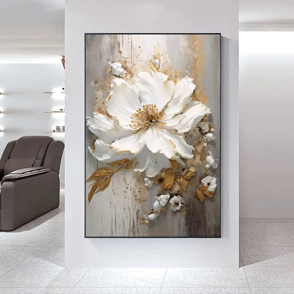 Modern Abstract White Floral Wall Art Fine Art Canvas Prints Bright Luxury Botanical Pictures For Living Room Entrance Hallway Wall | Karnz