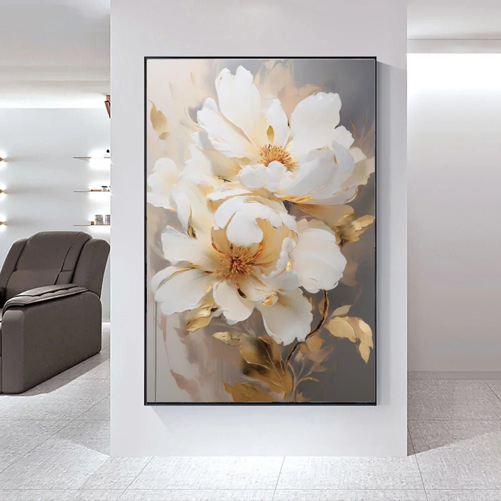Modern Abstract White Floral Wall Art Fine Art Canvas Prints Bright Luxury Botanical Pictures For Living Room Entrance Hallway Wall | Karnz