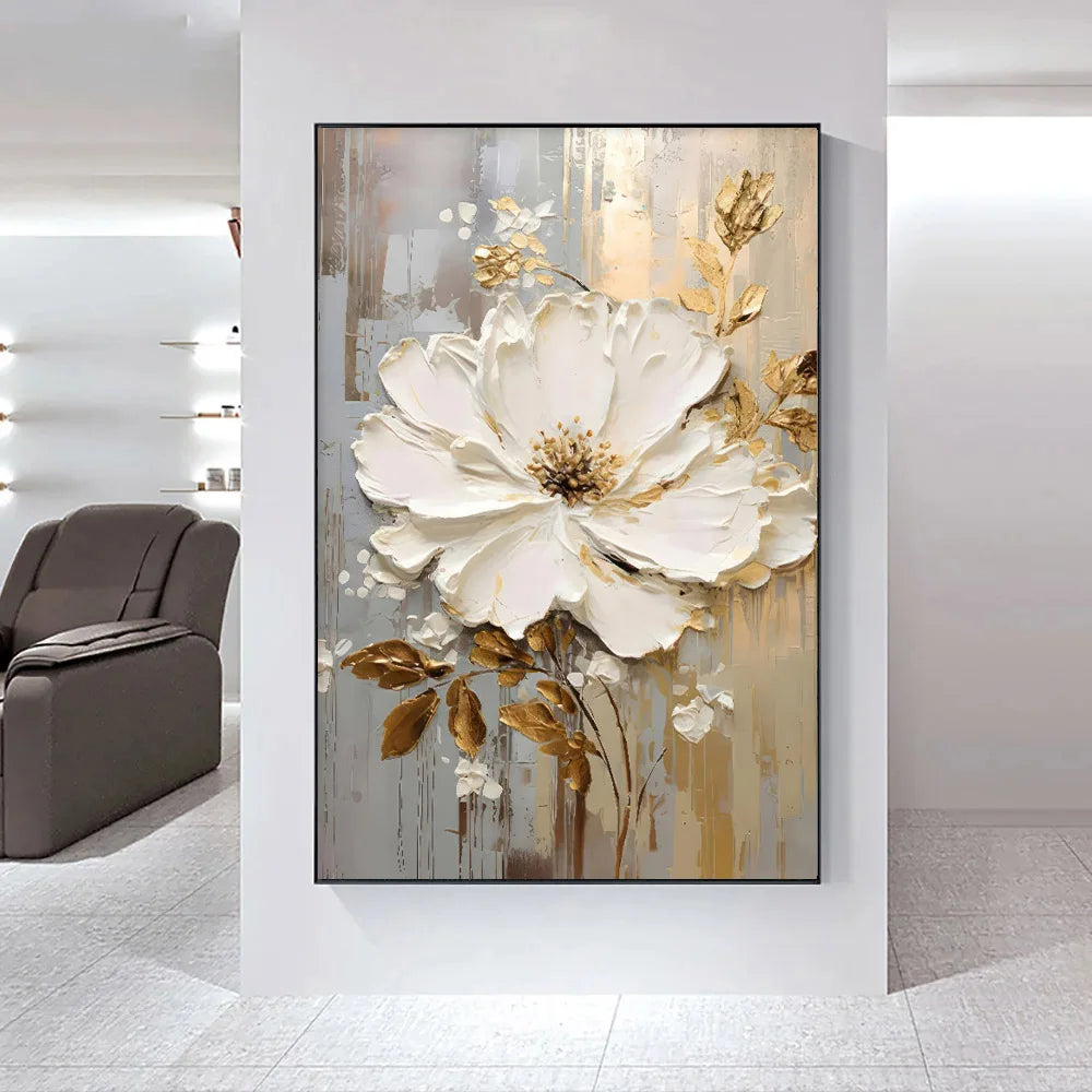 Modern Abstract White Floral Wall Art Fine Art Canvas Prints Bright Luxury Botanical Pictures For Living Room Entrance Hallway Wall | Karnz