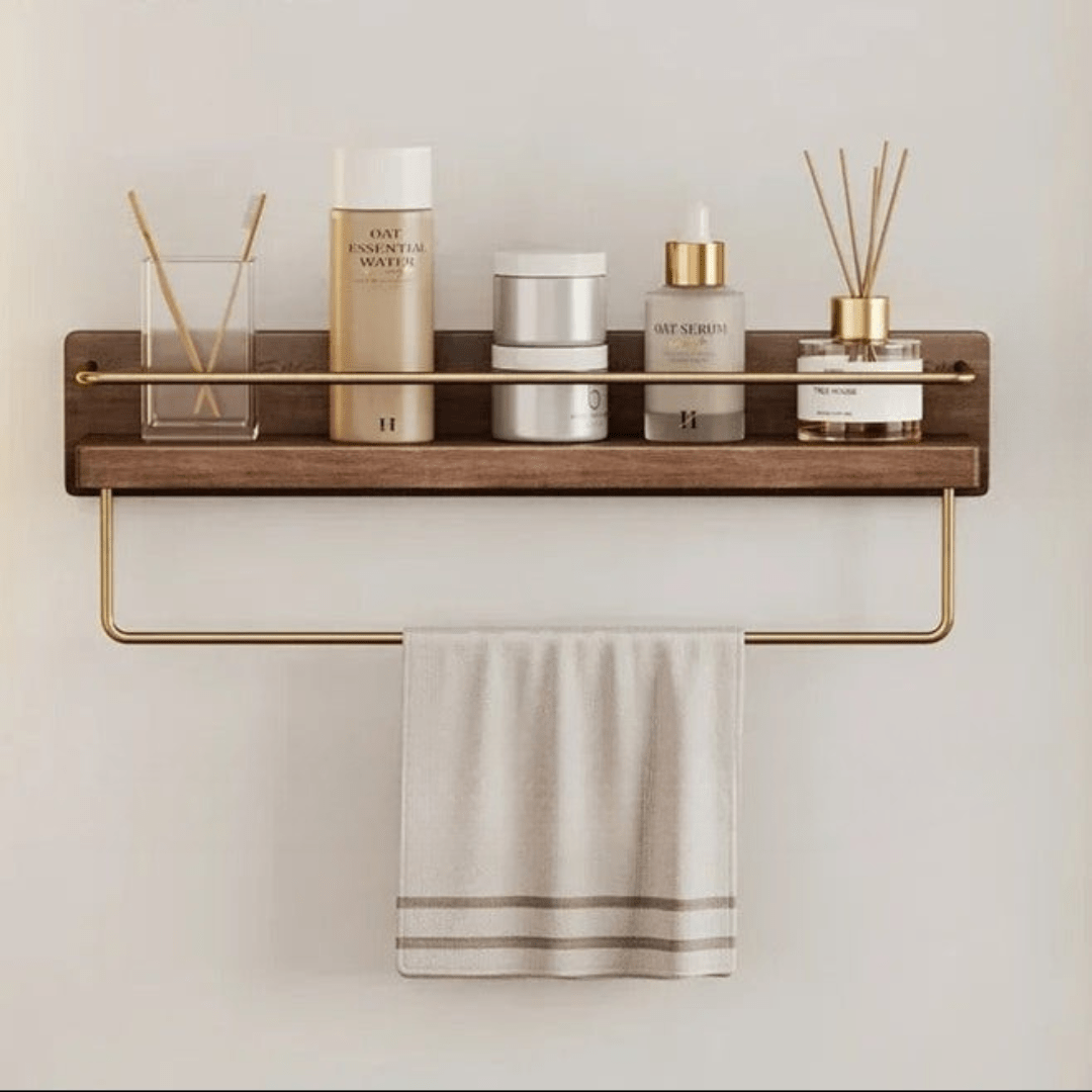 Skanto | Bamboo Wall Shelf with Hooks & Storage