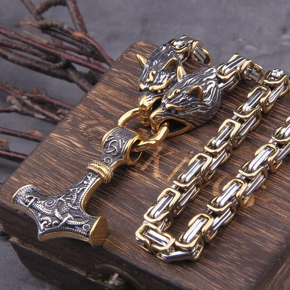 Skanto | 60–90 cm Stainless Steel Double Wolf Head & Mjolnir Survival Segment Necklace/Bracelet